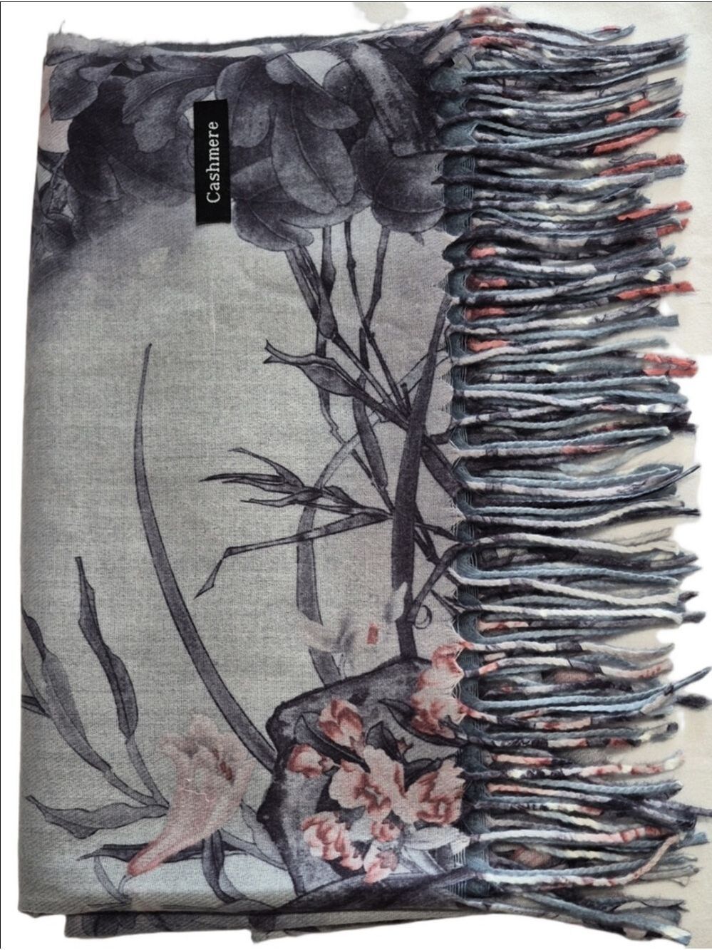 Reversible Cashmere Floral Scarf Ink Painting Gray Botanical Shawl Fringe 27x69"